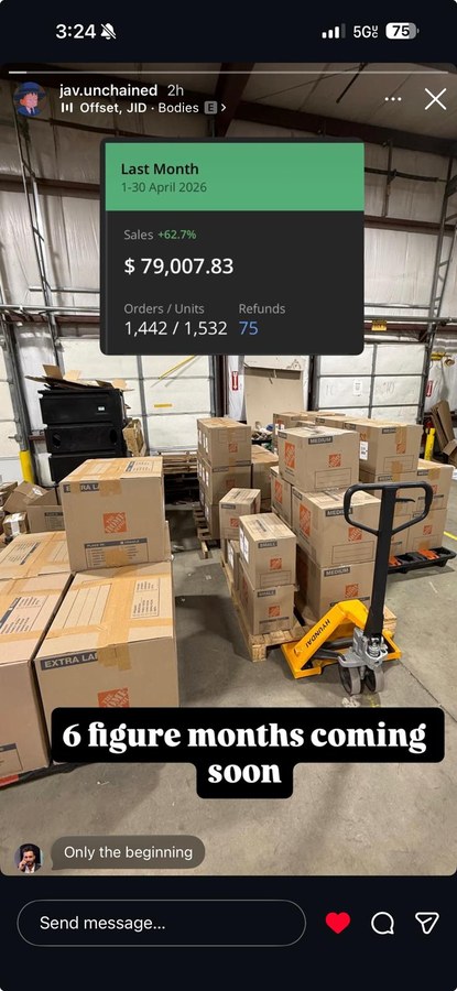Instagram story showing $79,007.83 in sales for April 2026